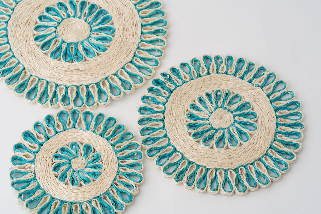 Handwoven Seagrass Placemat | Trivet | Aqua blue | 8 inches