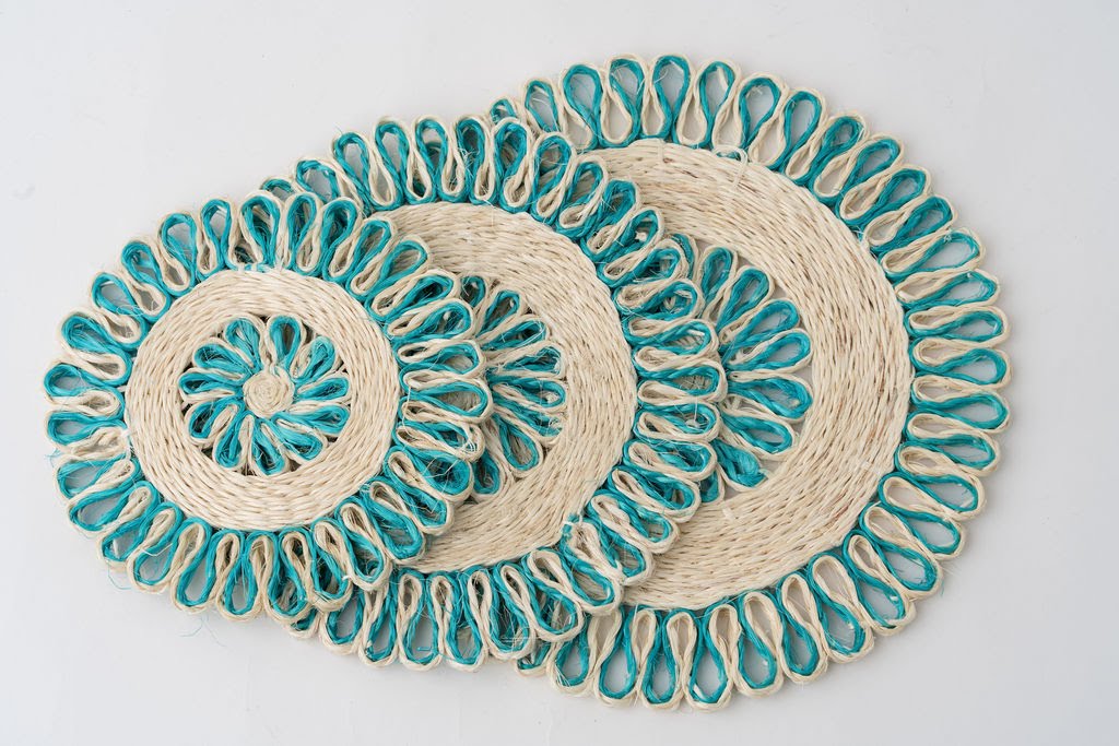 Handwoven Seagrass Placemat | Trivet | Aqua blue | 10 inches