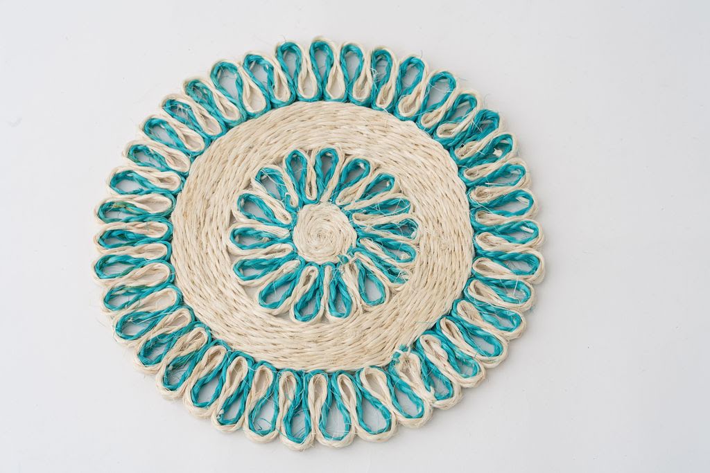 Handwoven Seagrass Placemat | Trivet | Aqua blue | 8 inches