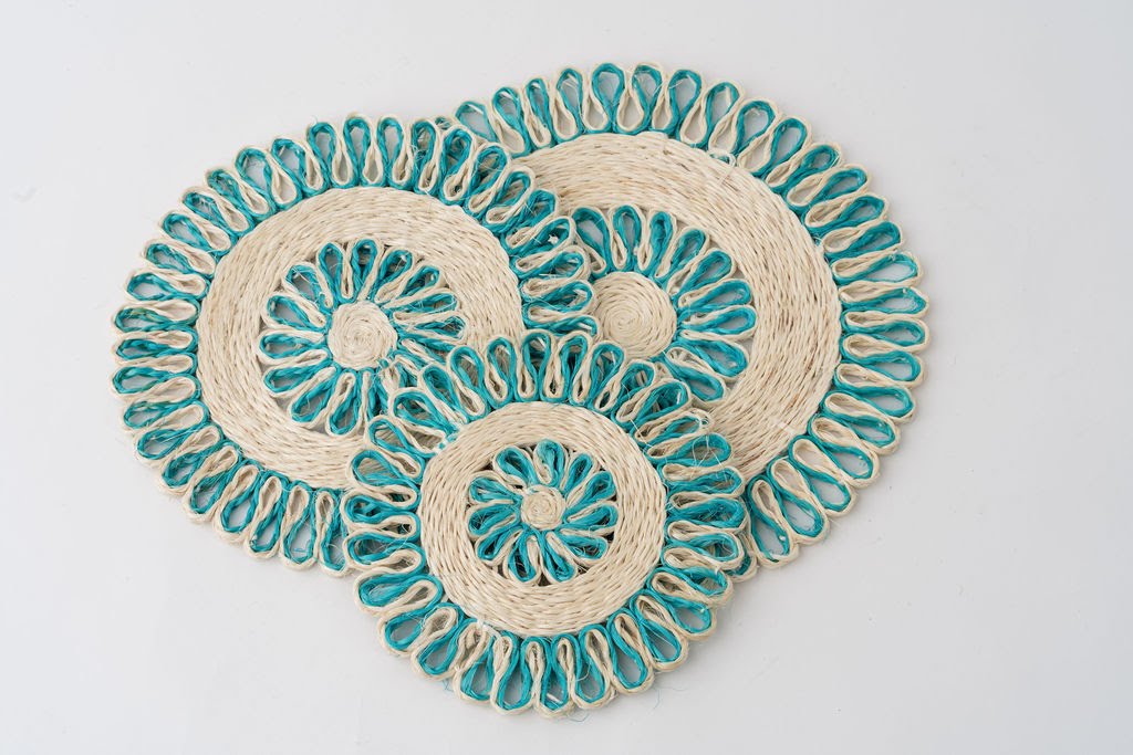 Handwoven Seagrass Placemat | Trivet | Aqua blue | 10 inches