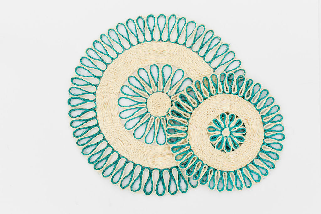 Handwoven Seagrass Placemat | Trivet | Aqua blue | 10 inches