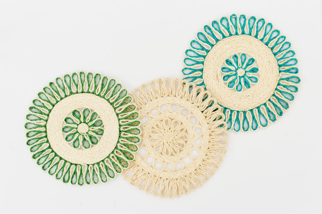 Handwoven Seagrass Placemat | Trivet | Aqua blue | 10 inches