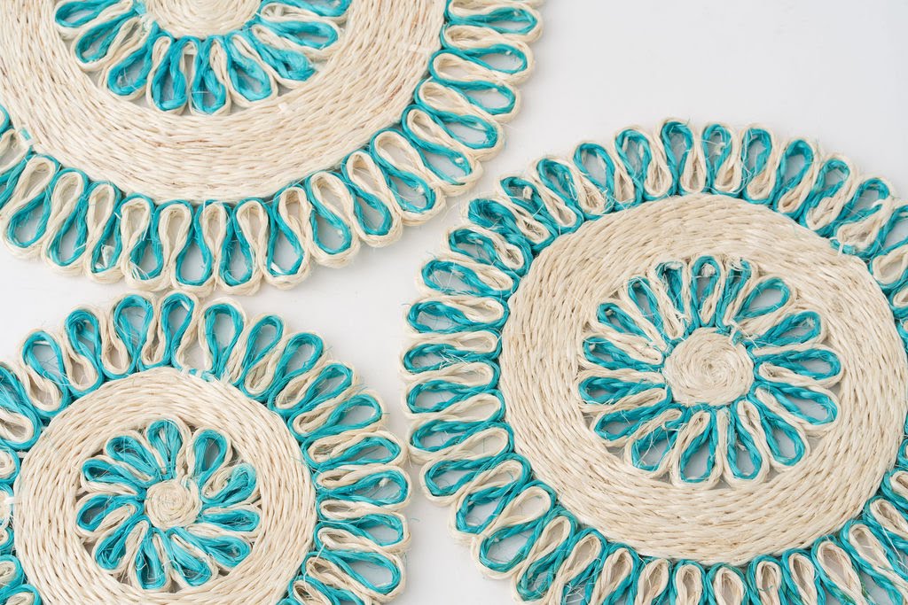 Handwoven Seagrass Placemat | Trivet | Aqua blue