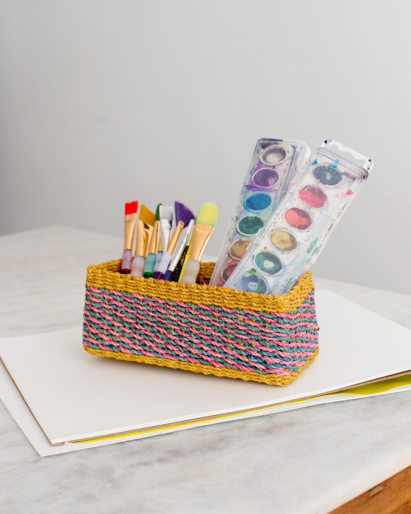Abaca Storage Tray | Yellow + Pink | Blue