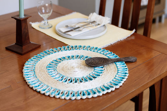 Handwoven Seagrass Placemat | Trivet | Aqua blue | 16 inches